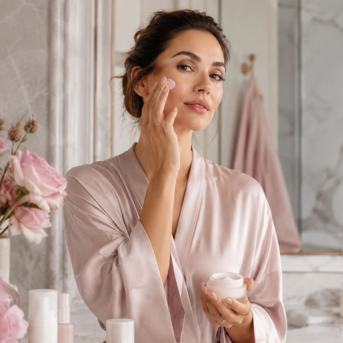 Luxury skincare ritual with soft pink and gray tones